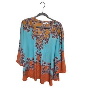 Rose + Olive Womens 2X Blouse Multicolor Floral 3/4 Sleeve V Neck Top